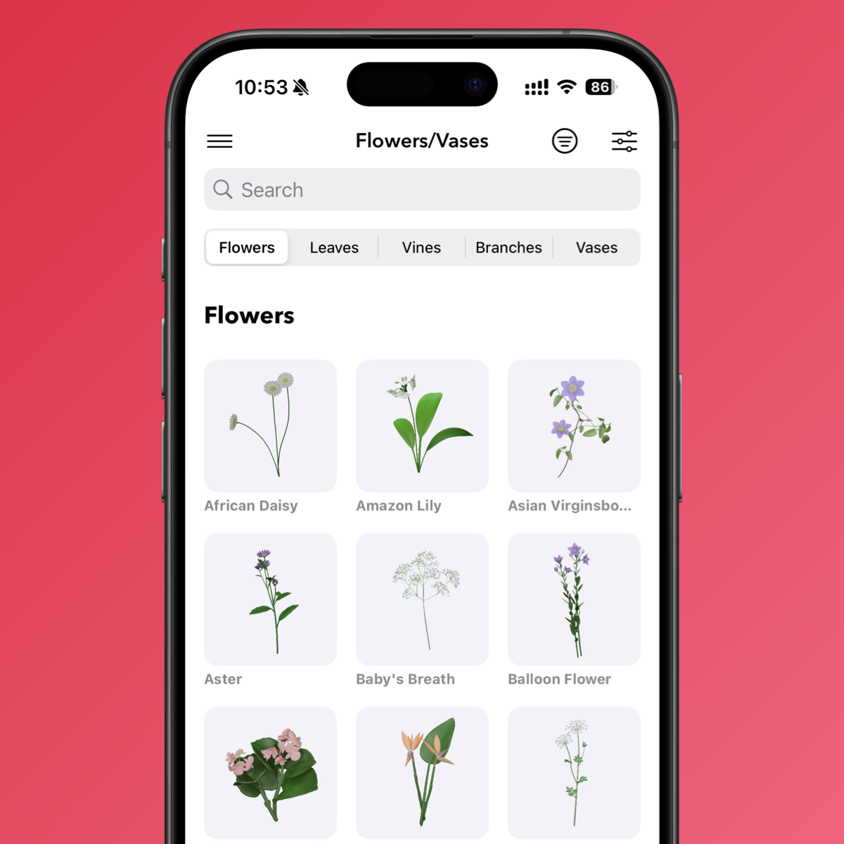 Over 250 types of<br />flower materials and vases